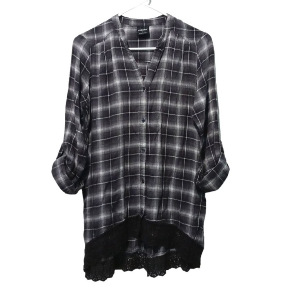 Wallpapher Women's Roll-Tab Lace Trim Flannel Shirt Size S